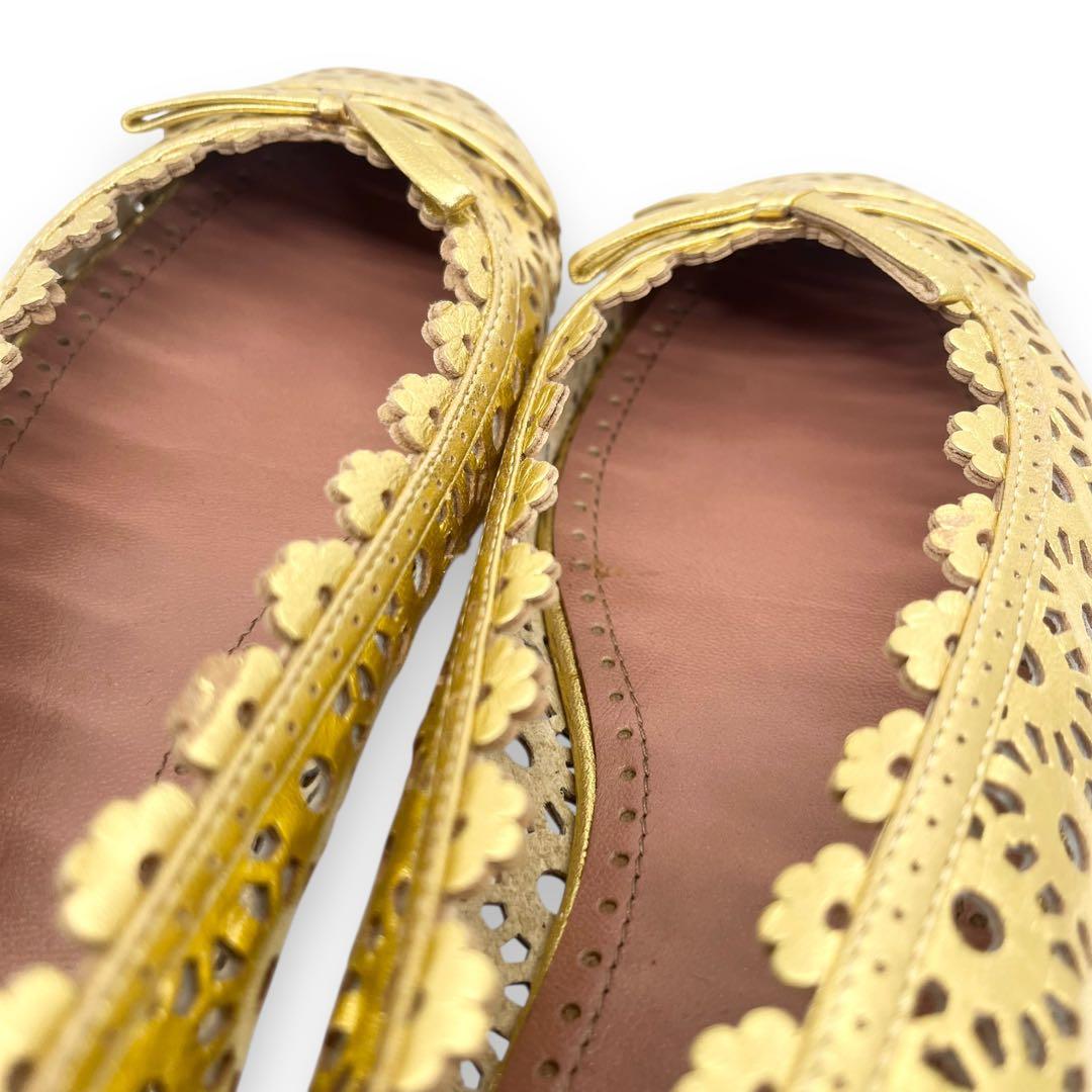 未使用■アライア　カットワーク　フラットシューズ　ゴールド　リボン　レザー　35