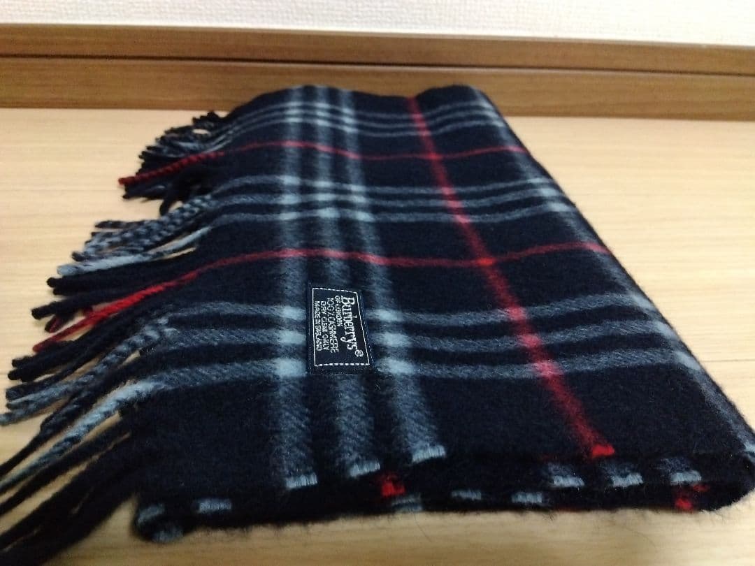 新品同様 バーバリー カシミヤ100% 英国製 チェック柄 マフラー ネイビー系
