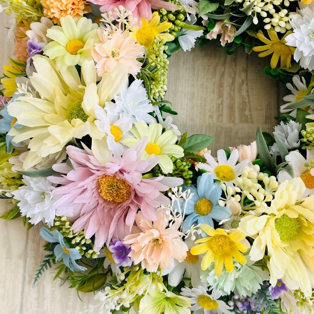 春リース 母の日 プレゼント フラワーリース 春まち パステル 特大 ガーベラ