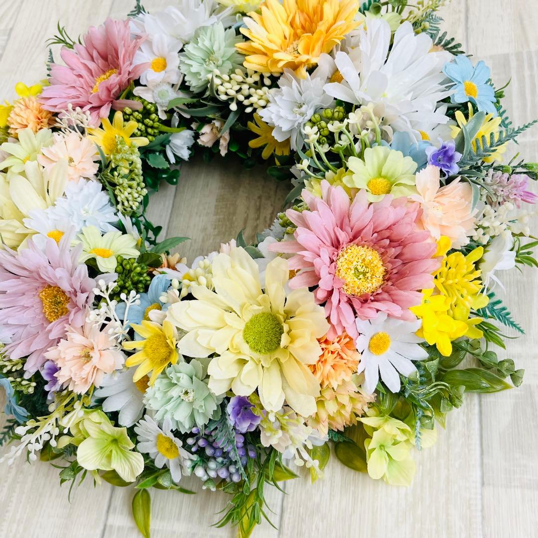 春リース 母の日 プレゼント フラワーリース 春まち パステル 特大 ガーベラ