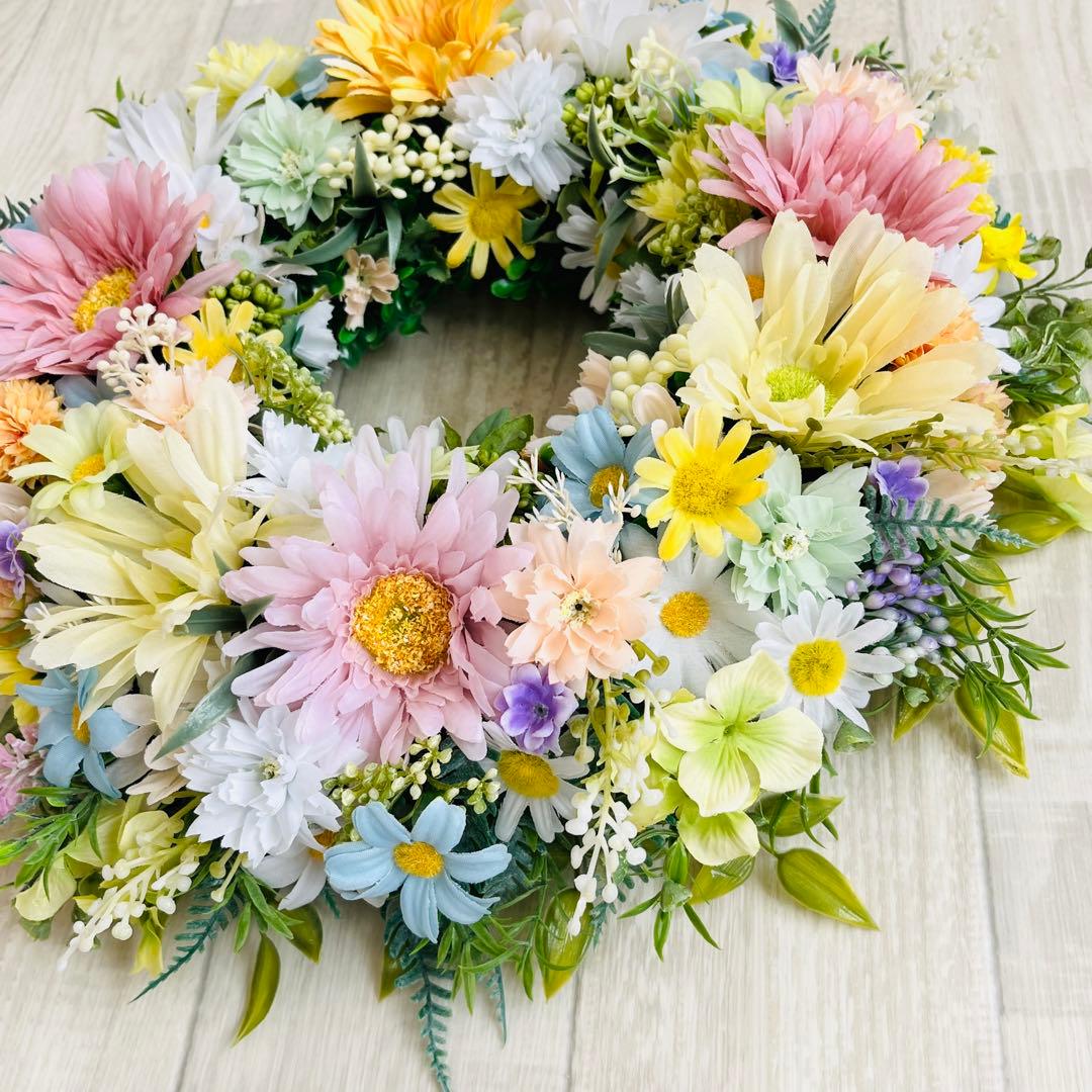 春リース 母の日 プレゼント フラワーリース 春まち パステル 特大 ガーベラ