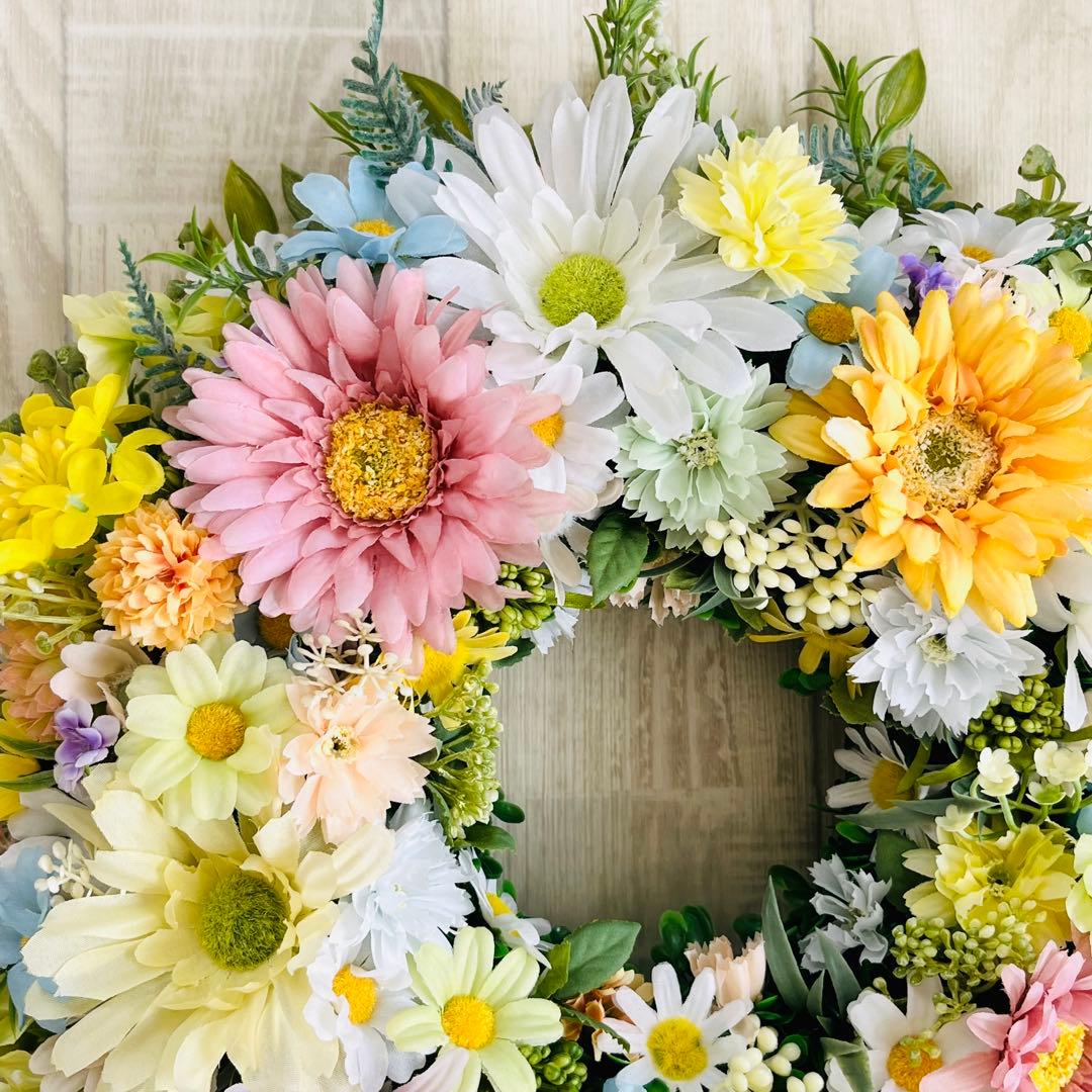春リース 母の日 プレゼント フラワーリース 春まち パステル 特大 ガーベラ