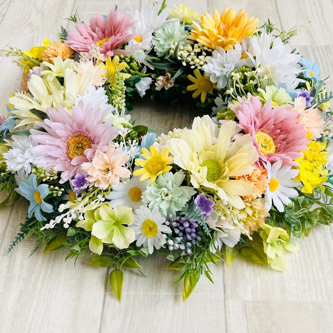 春リース 母の日 プレゼント フラワーリース 春まち パステル 特大 ガーベラ