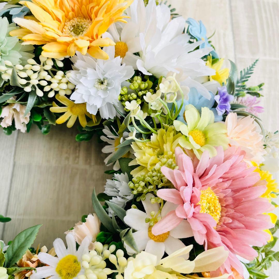 春リース 母の日 プレゼント フラワーリース 春まち パステル 特大 ガーベラ