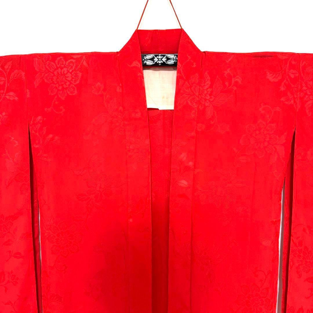 5k2619 長襦袢　正絹　単衣　小振袖用　赤　花柄　和装　着物