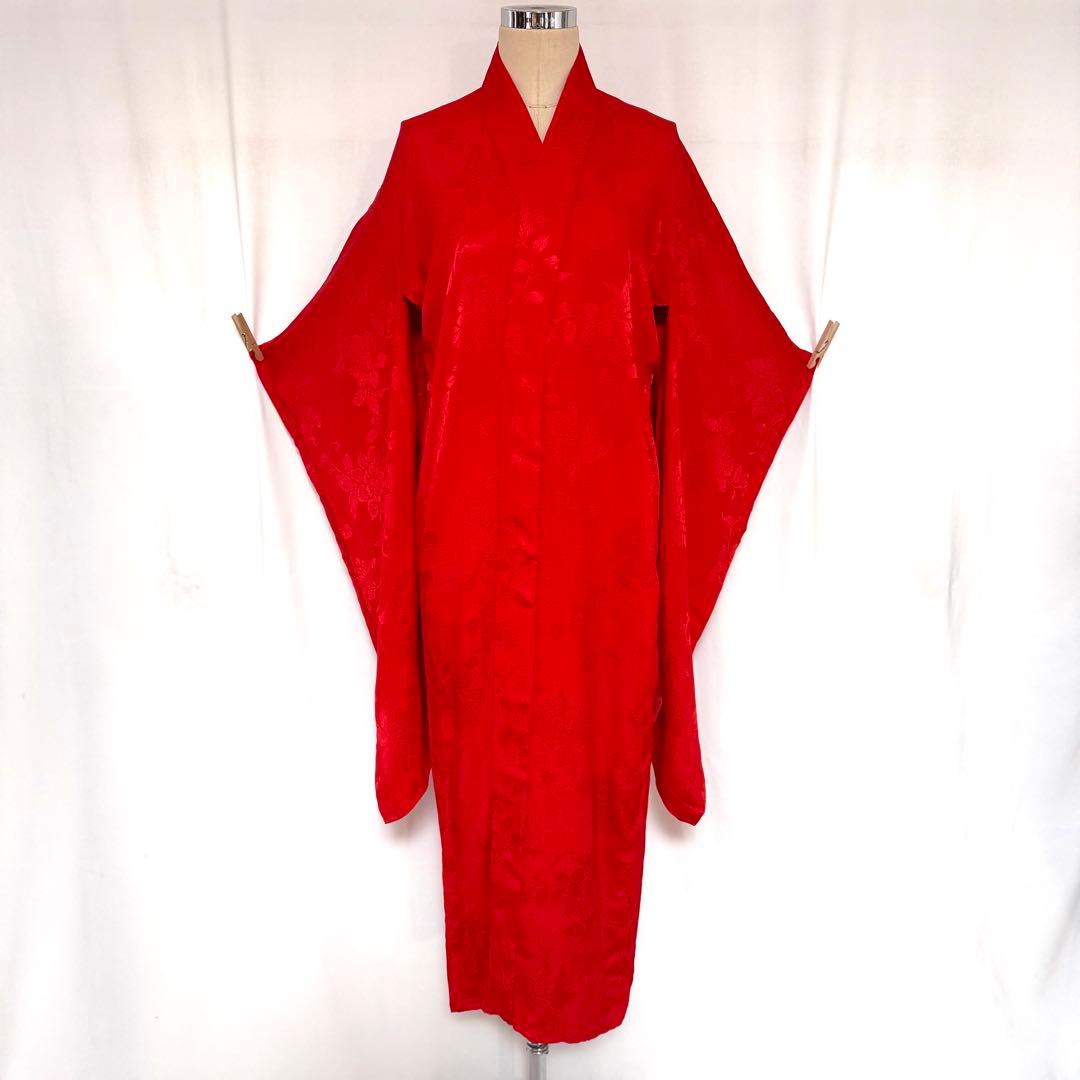 5k2619 長襦袢　正絹　単衣　小振袖用　赤　花柄　和装　着物