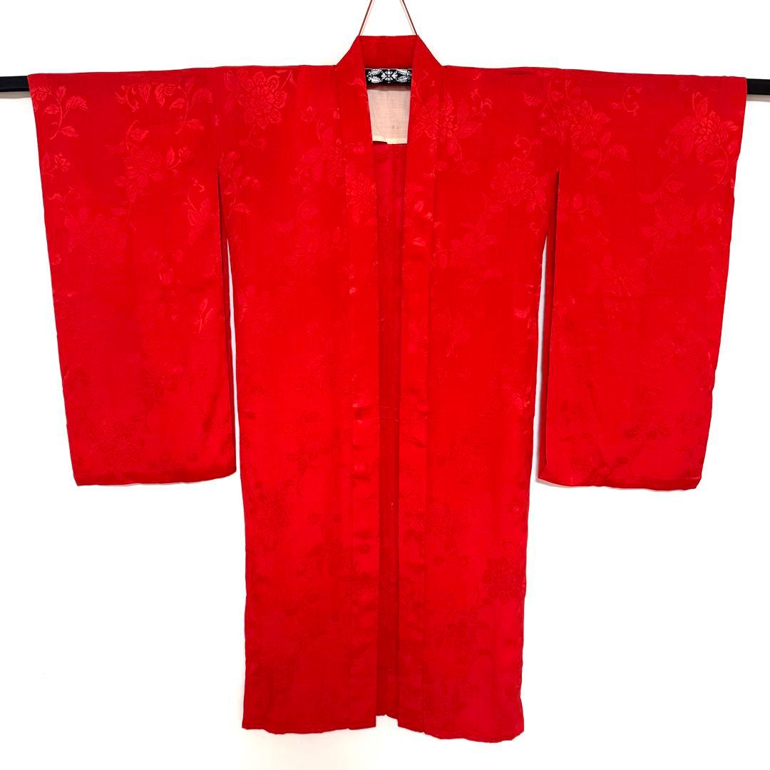 5k2619 長襦袢　正絹　単衣　小振袖用　赤　花柄　和装　着物