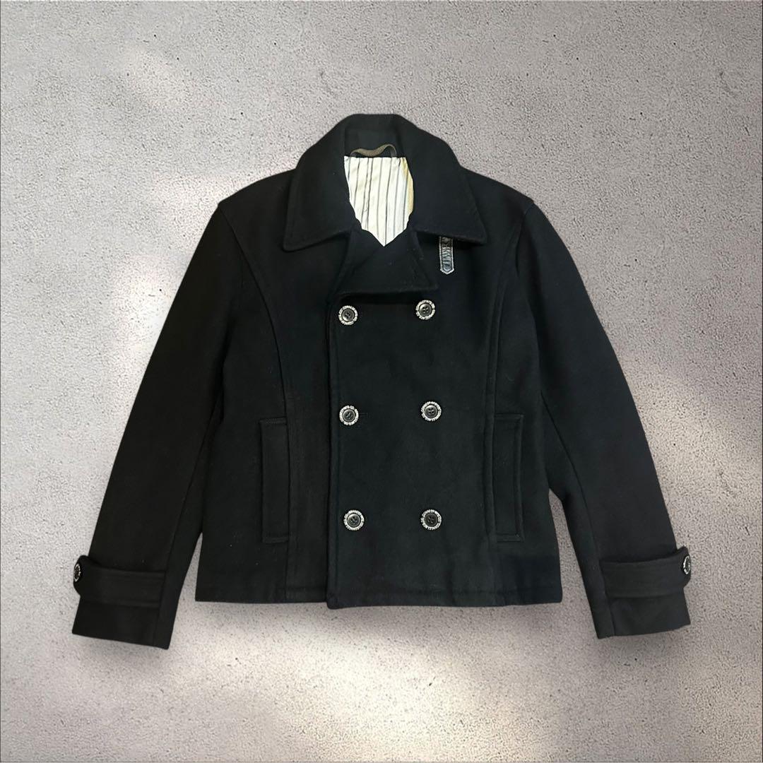 Pherrow's フェローズ ピーコート Lウール　黒　ダブル　レザー　短丈