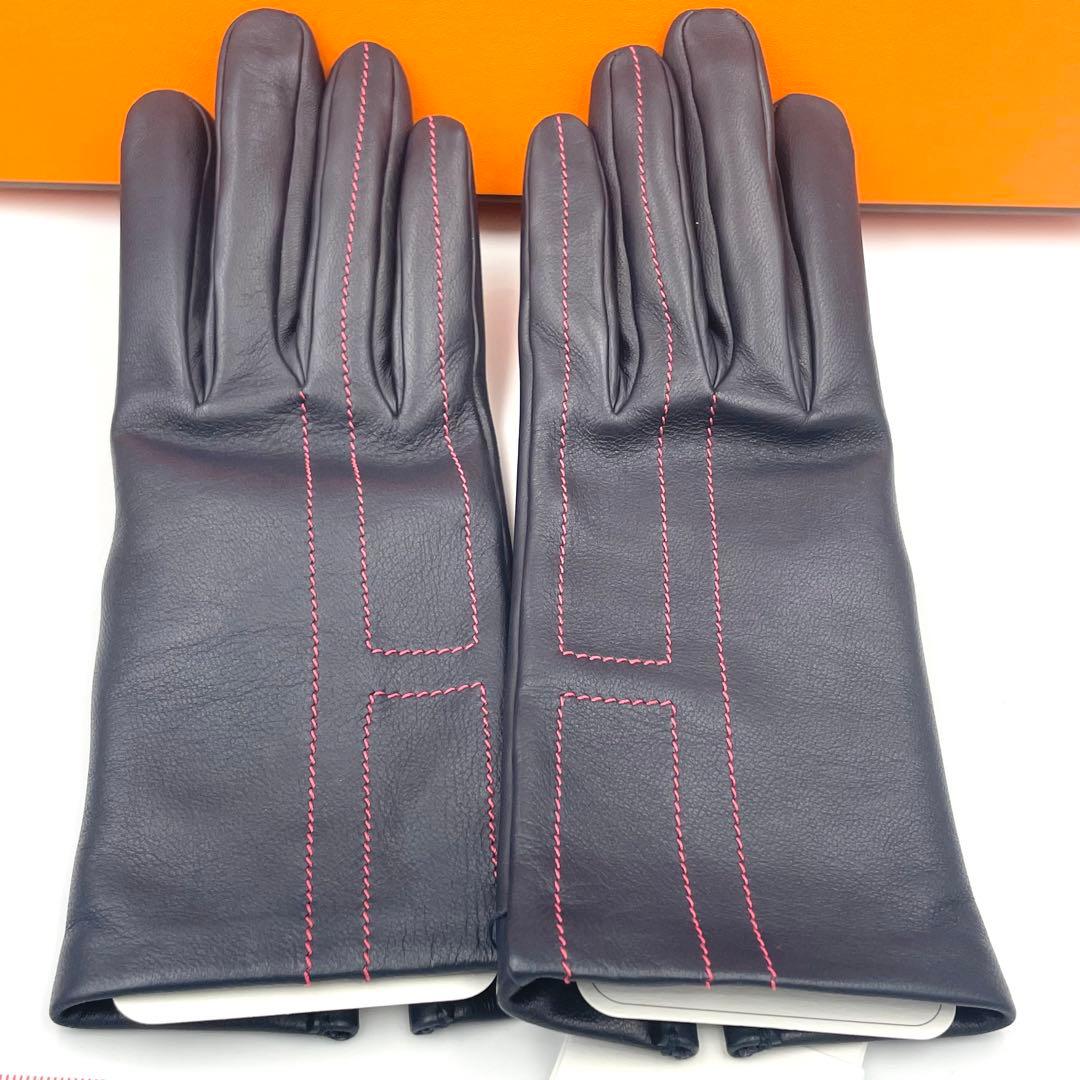 新品未使用タグ付き HERMES ラムスキン 手袋 ネイビー 7