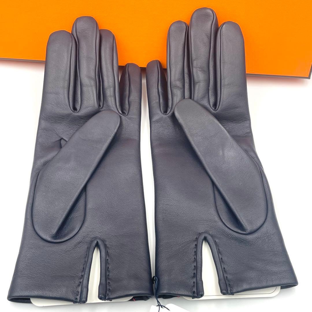 新品未使用タグ付き HERMES ラムスキン 手袋 ネイビー 7