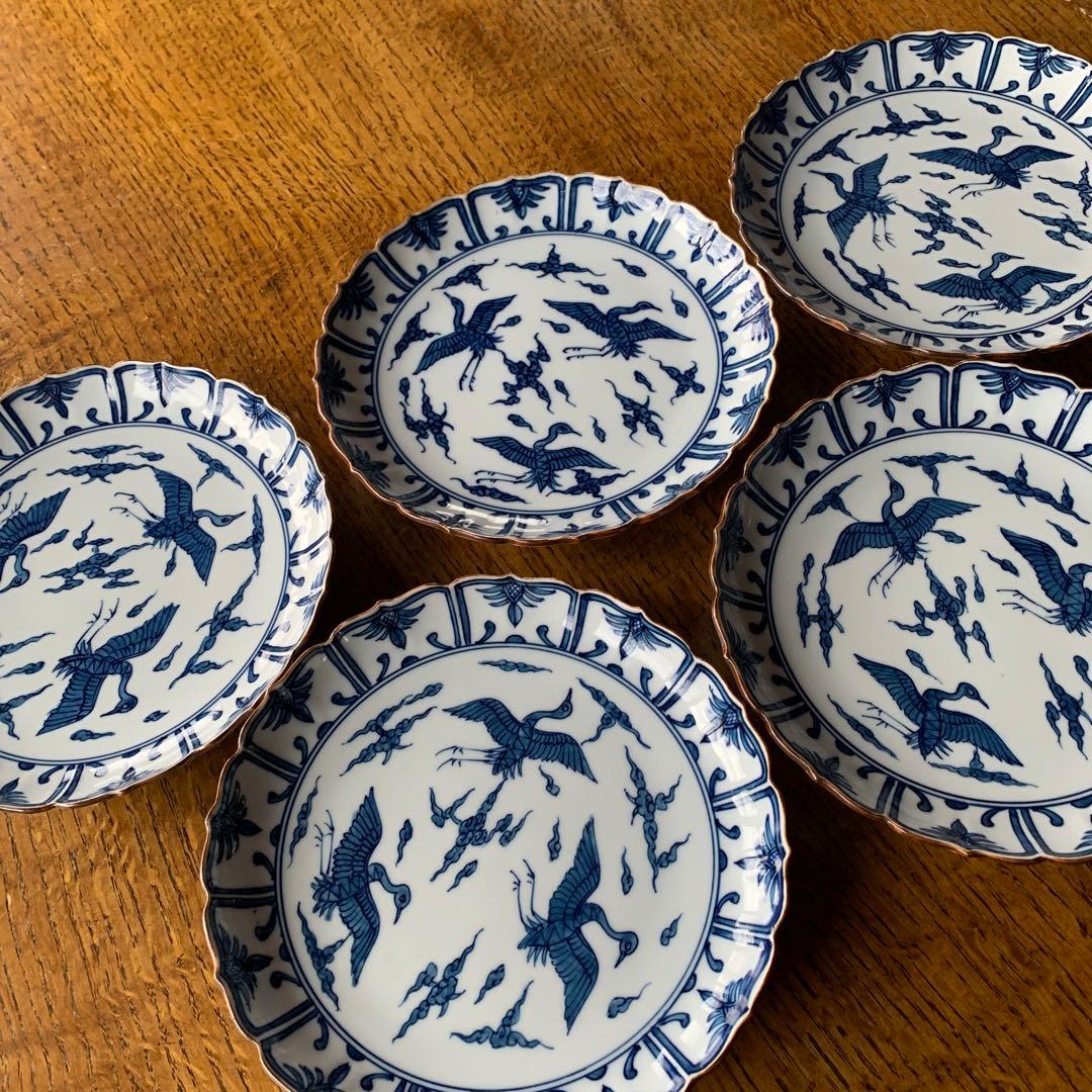 源右衛門　有田焼　古伊万里　吉祥柄　雲鶴　染付　銘々皿5枚　新品未使用品