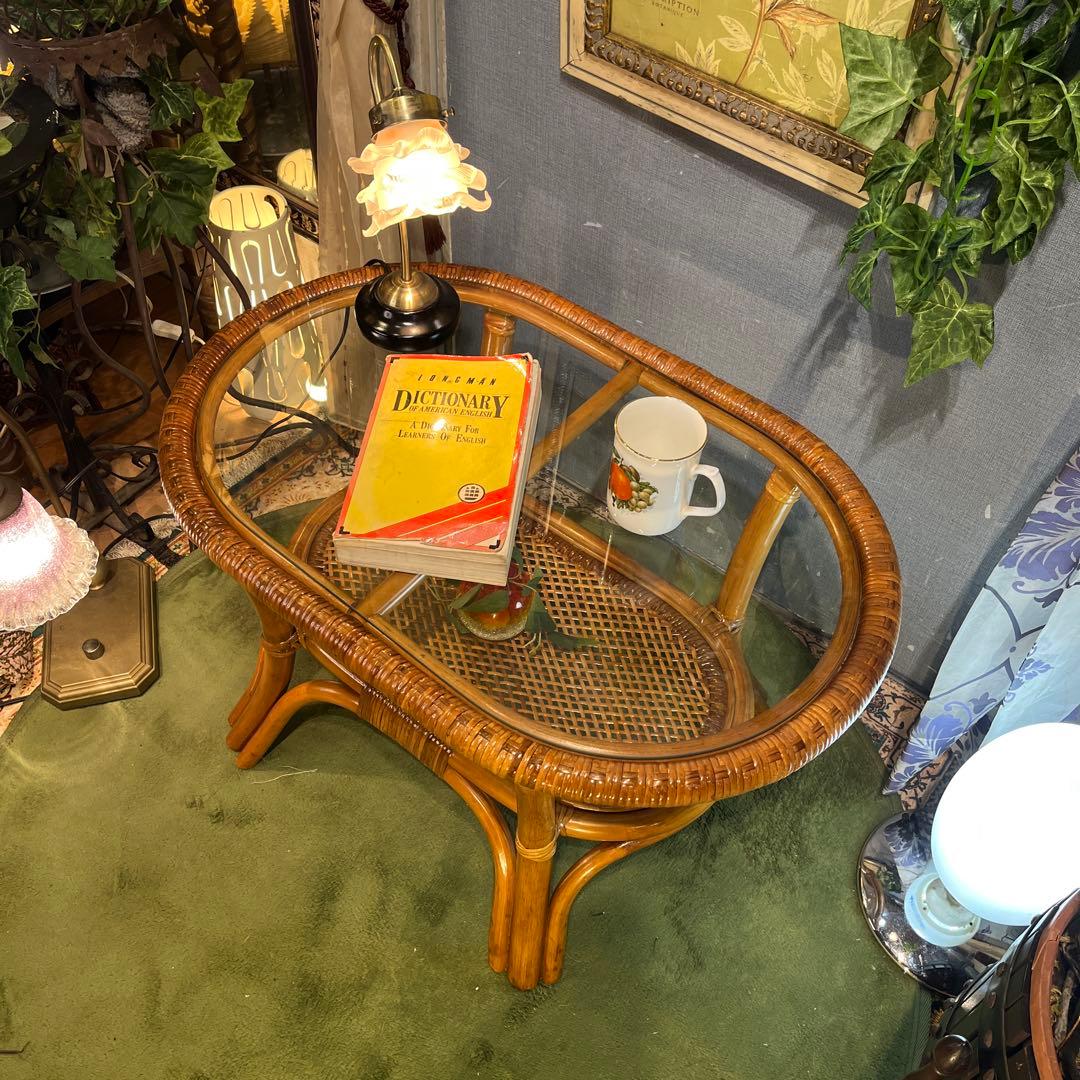 Sale ヴィンテージ 籐ラタンフレーム オーバル　ローテーブル