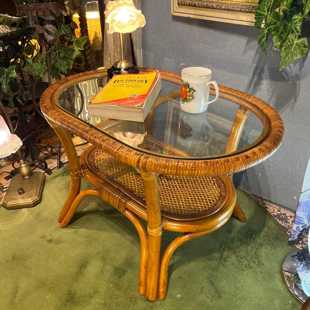 Sale ヴィンテージ 籐ラタンフレーム オーバル　ローテーブル