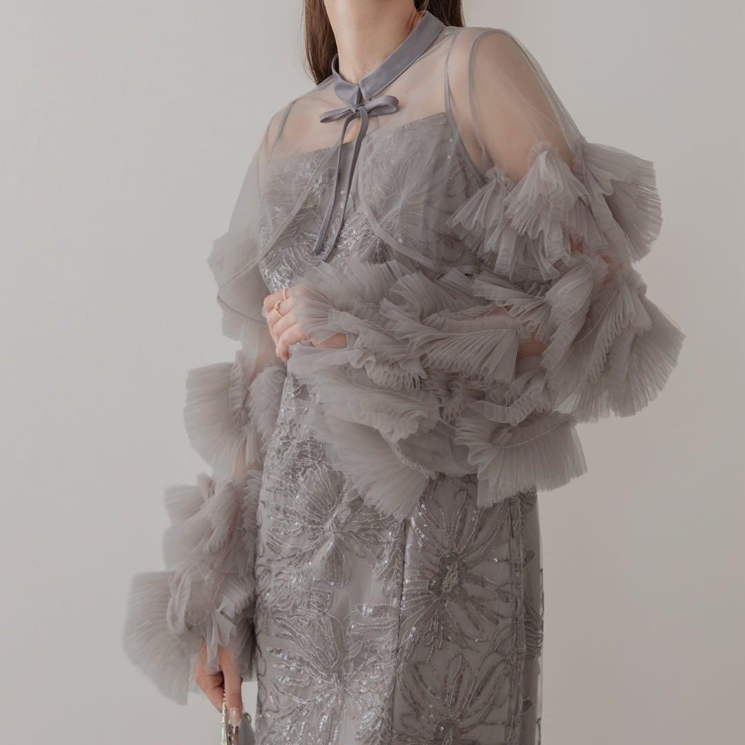 leja フリルチュールスリーブリボンIラインワンピースドレス