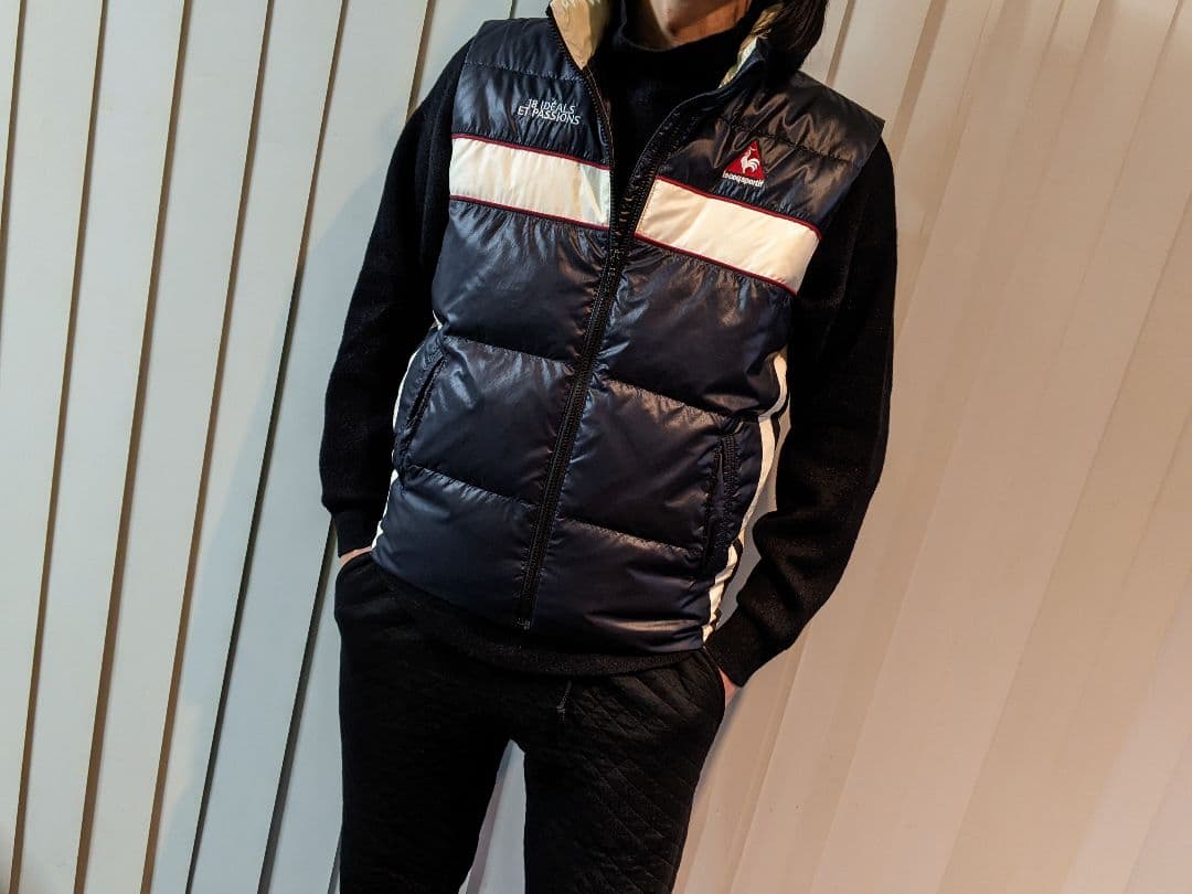 ルコック　ゴルフ　ダウンベスト　ナイロン　ウェア　デサント　アウター　紺　防寒