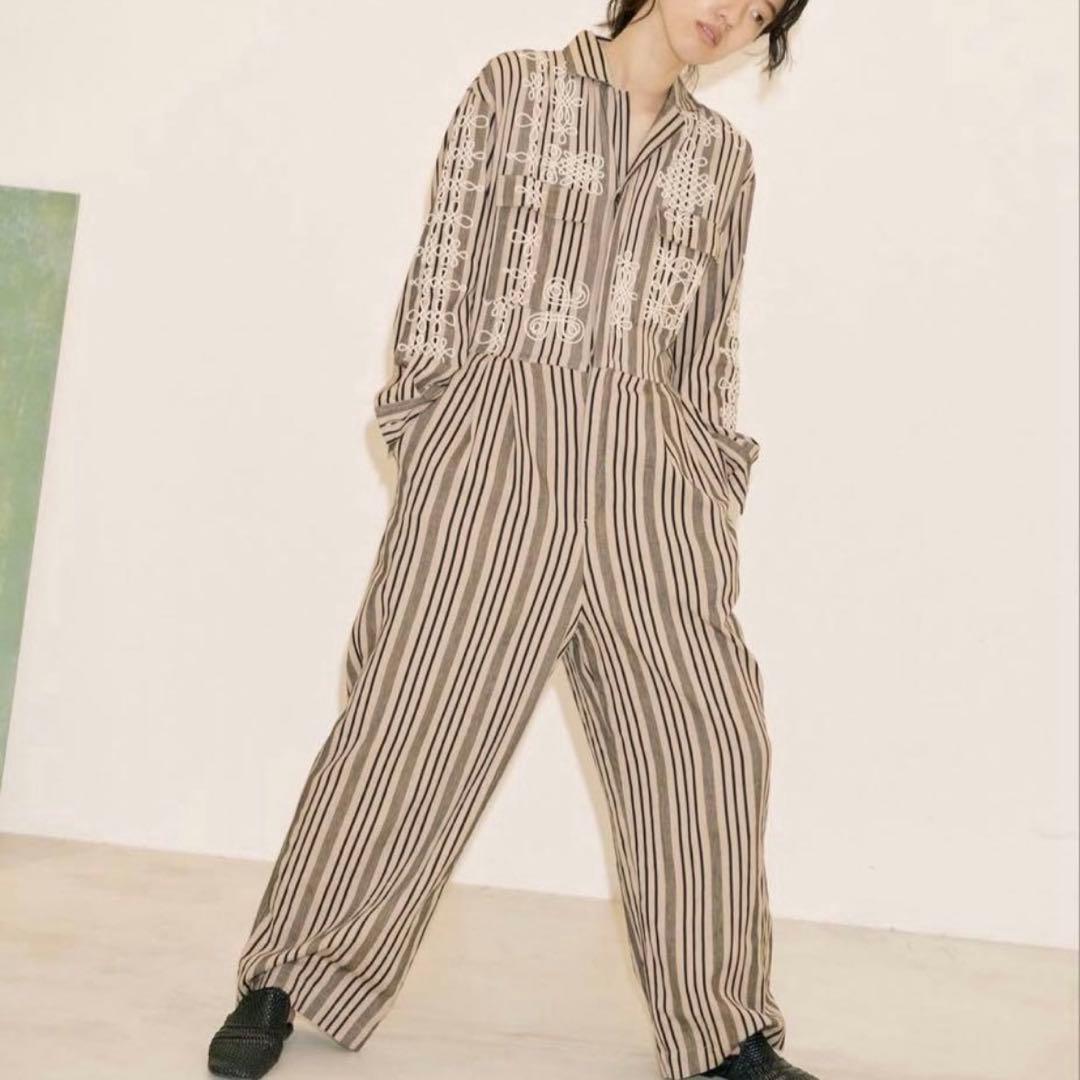 サラマリカ　エンブロイダリーストライプ　オールインワン 刺繍 ワイド