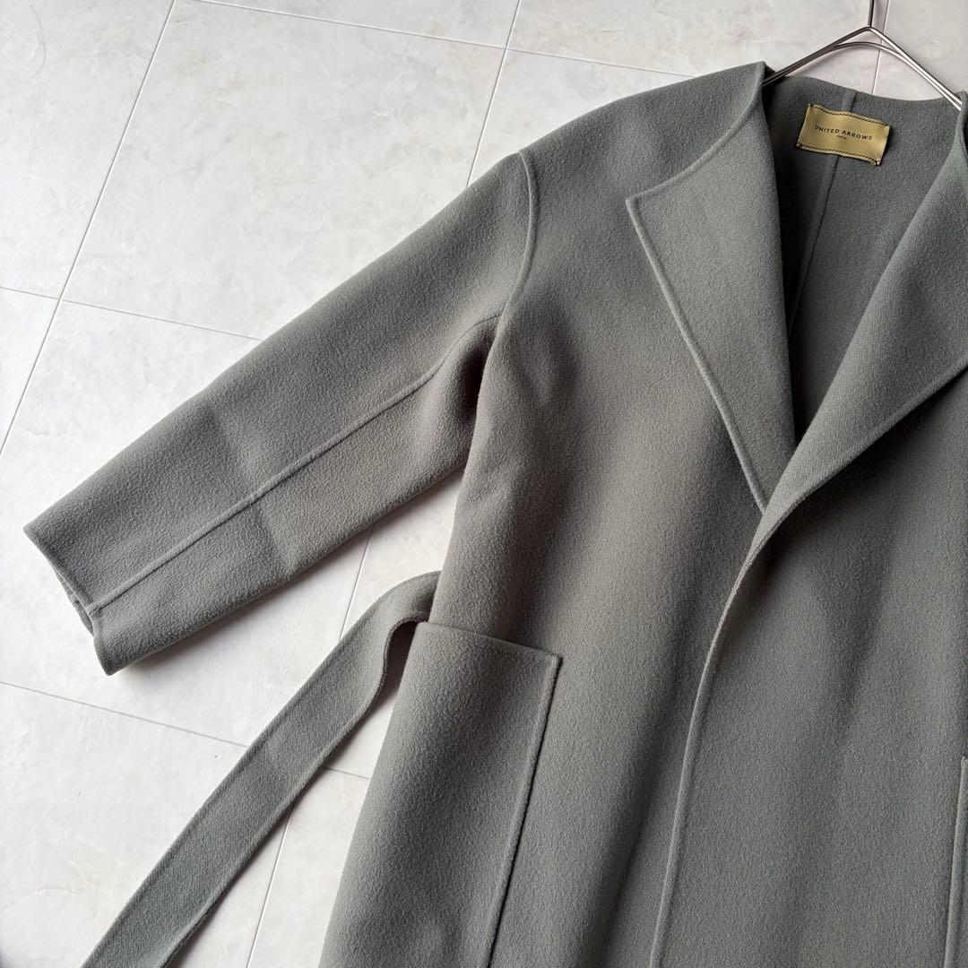 ユナイテッドアローズ ウール リバー ベルテッド ロングコート グレー 36