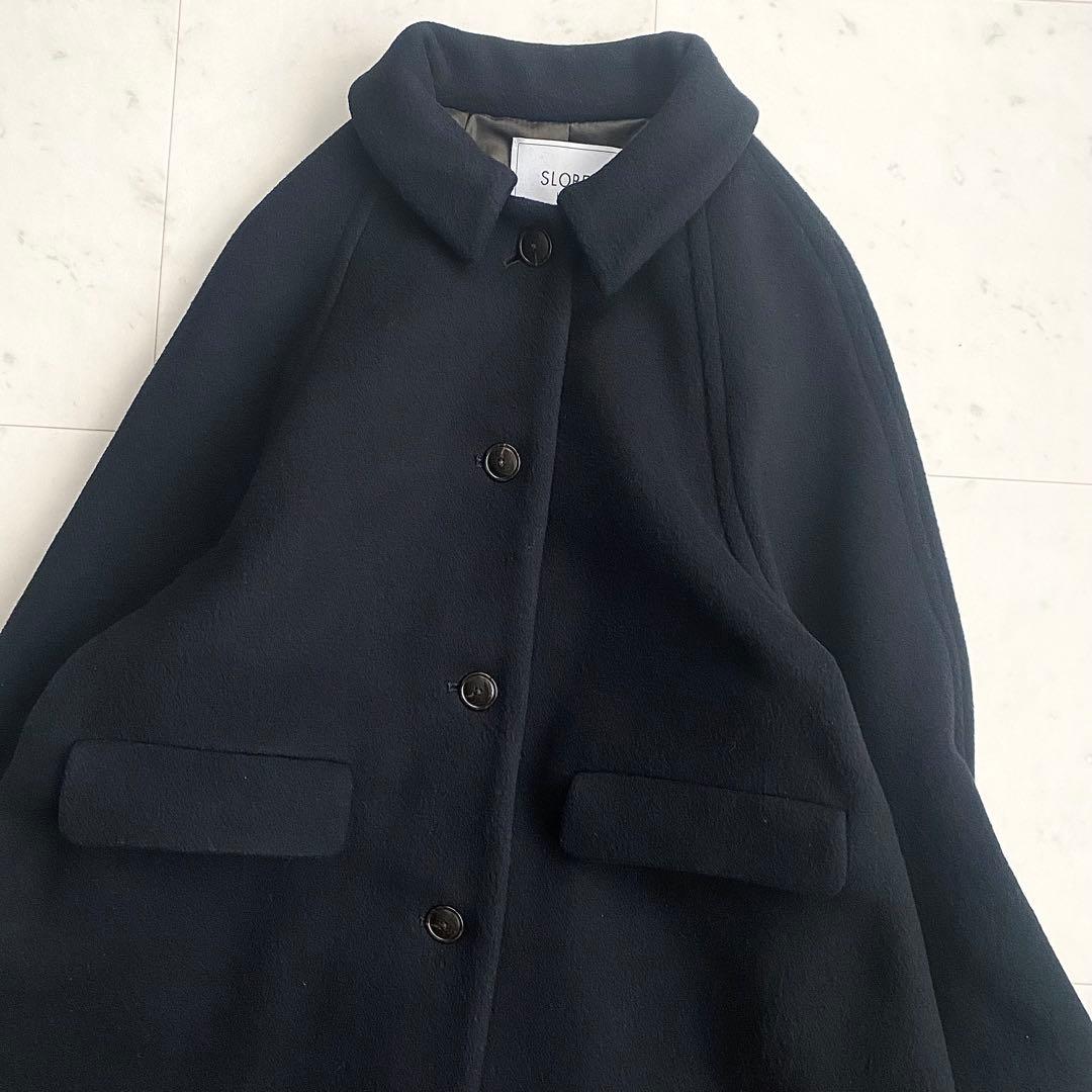 美品 スローブイエナ 襟付きラグランAラインコート super100ウール 黒