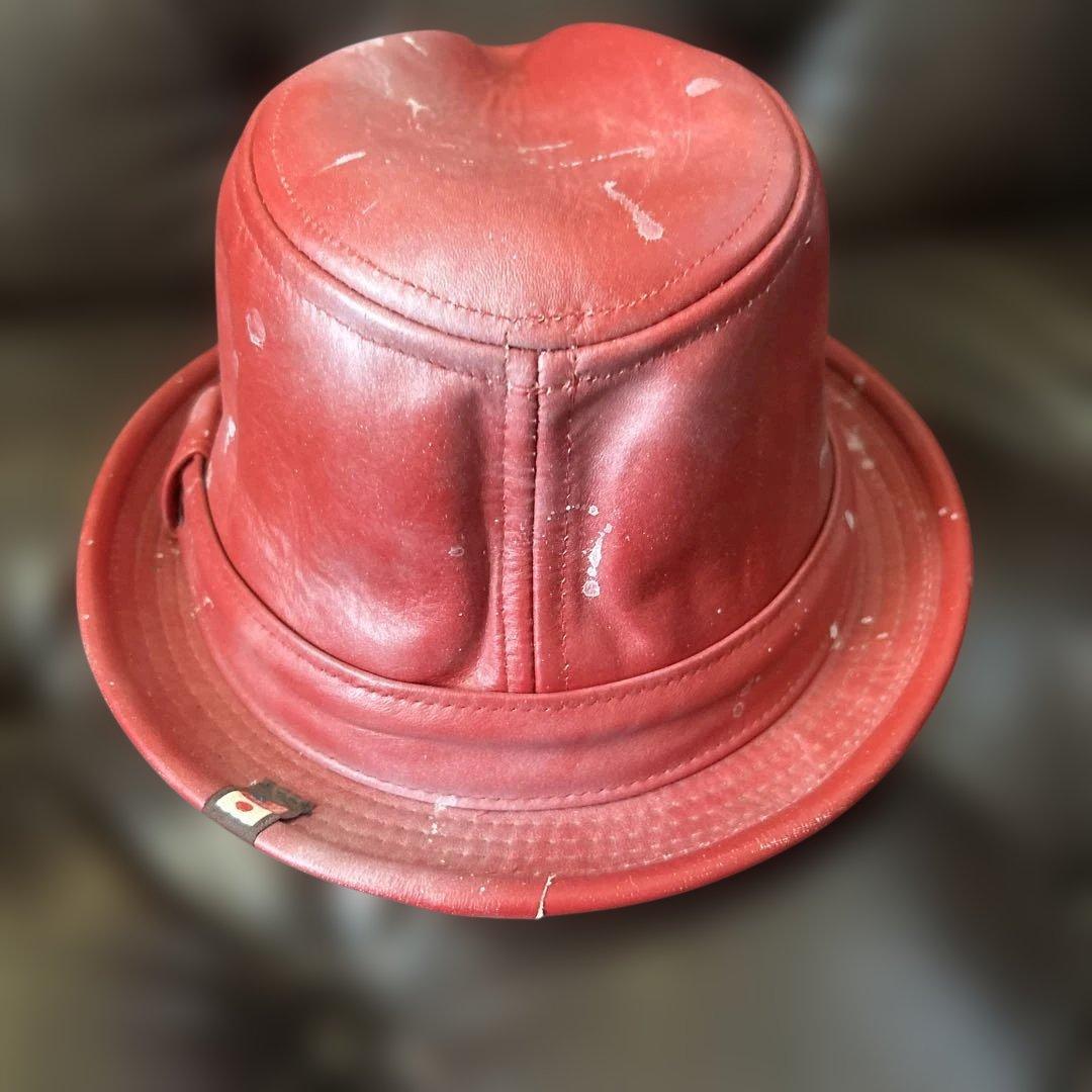 未使用品　9+4 レザー 赤 ハット　MADE IN USA sizeＬ58㎝