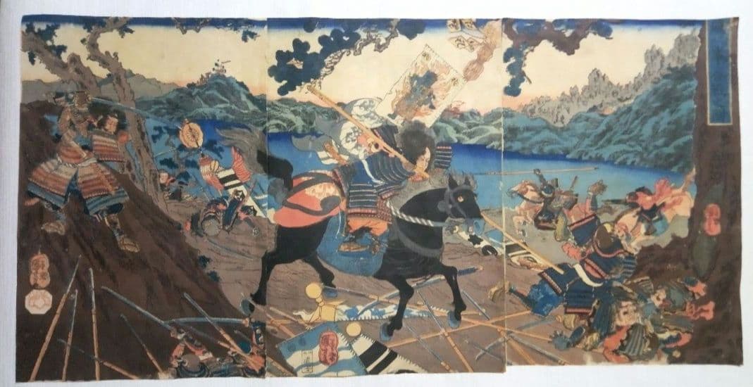 浮世絵、賤ケ峯合戦之圖三枚綴り、一勇斎国芳画(歌川国芳)補修多くジャンク品扱い