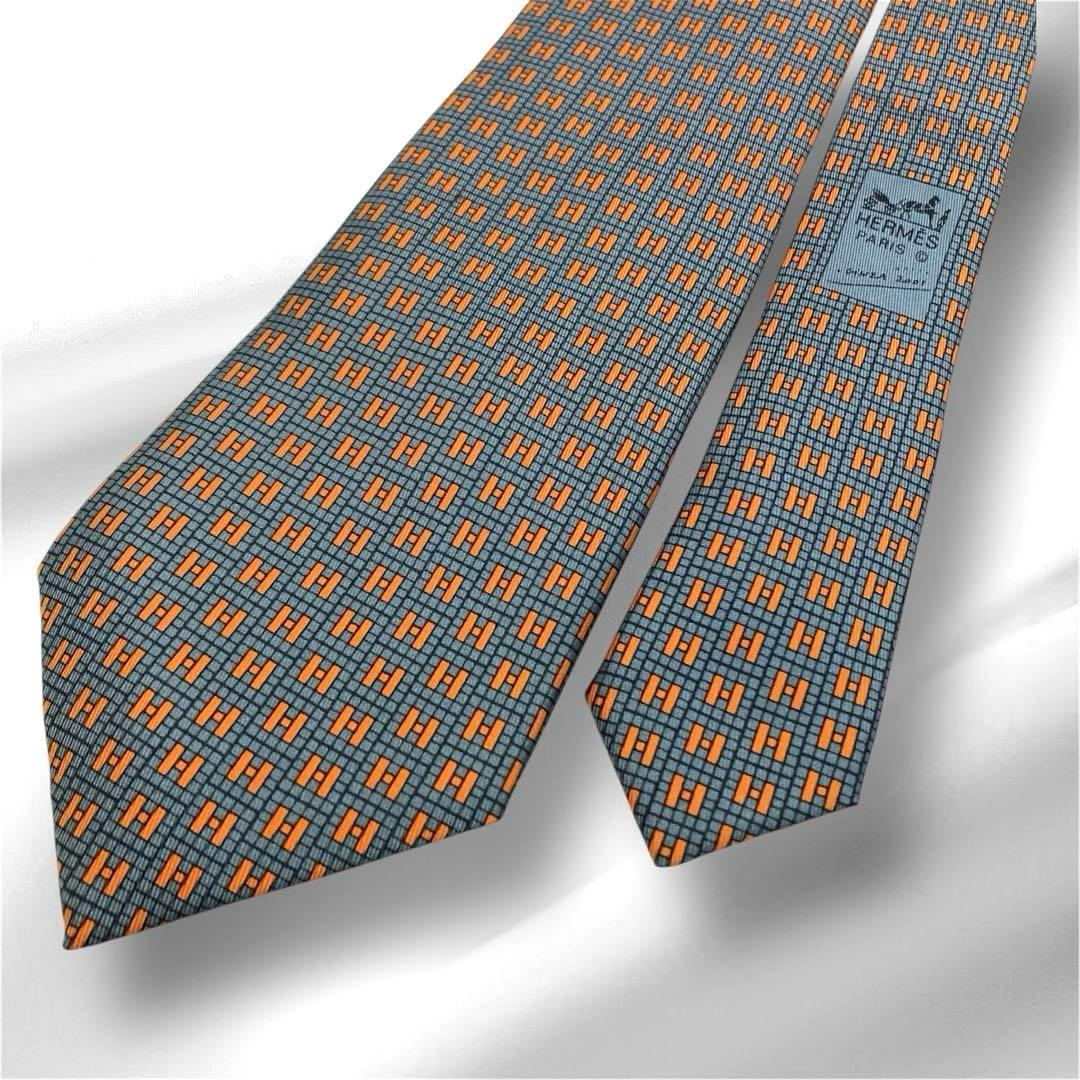 美品✨　HERMES エルメス　ネクタイ　グレー　オレンジ　H柄　シルク　箱付き