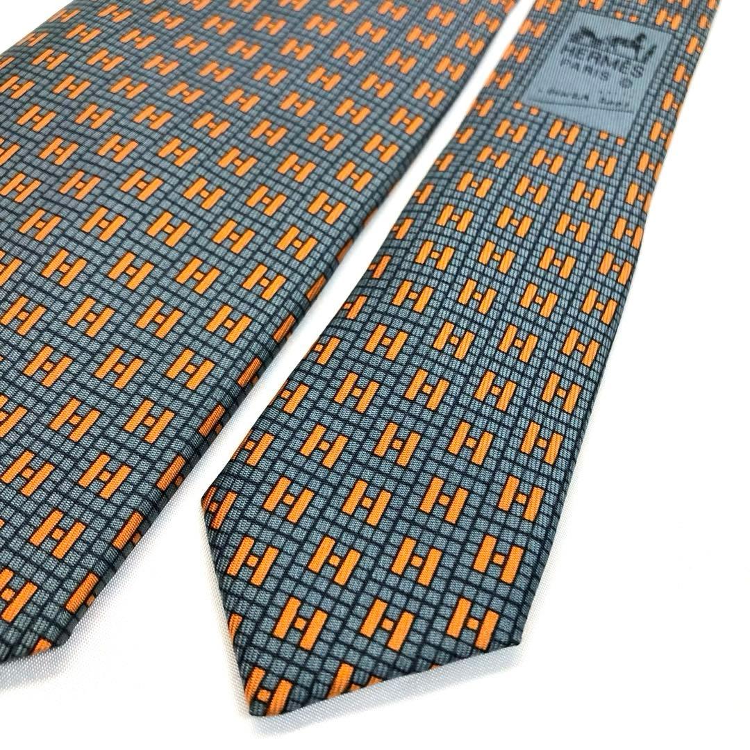 美品✨　HERMES エルメス　ネクタイ　グレー　オレンジ　H柄　シルク　箱付き