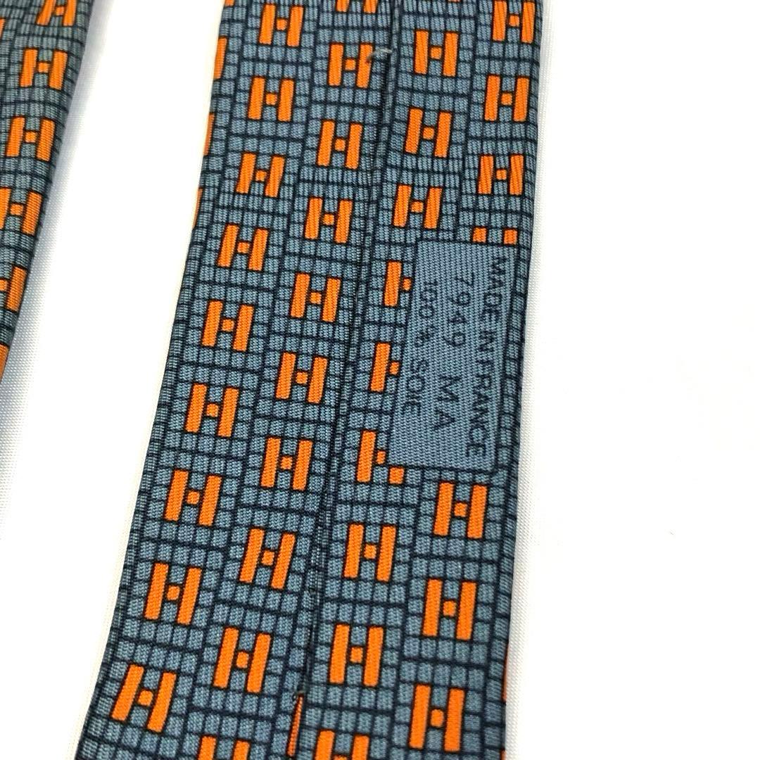 美品✨　HERMES エルメス　ネクタイ　グレー　オレンジ　H柄　シルク　箱付き