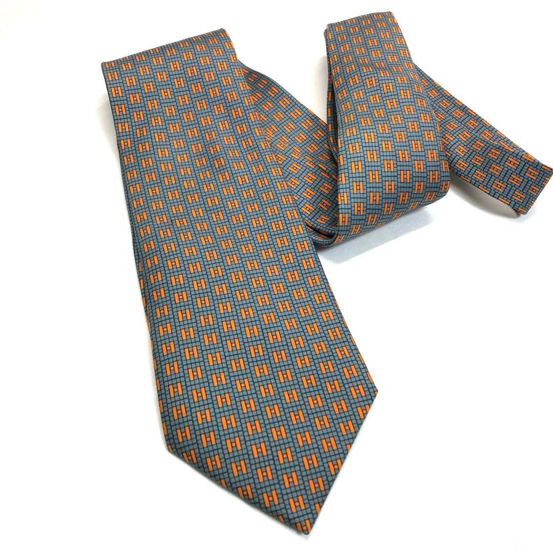 美品✨　HERMES エルメス　ネクタイ　グレー　オレンジ　H柄　シルク　箱付き