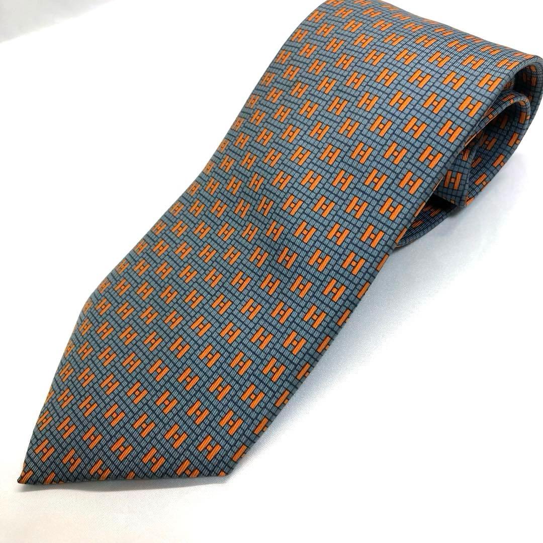 美品✨　HERMES エルメス　ネクタイ　グレー　オレンジ　H柄　シルク　箱付き