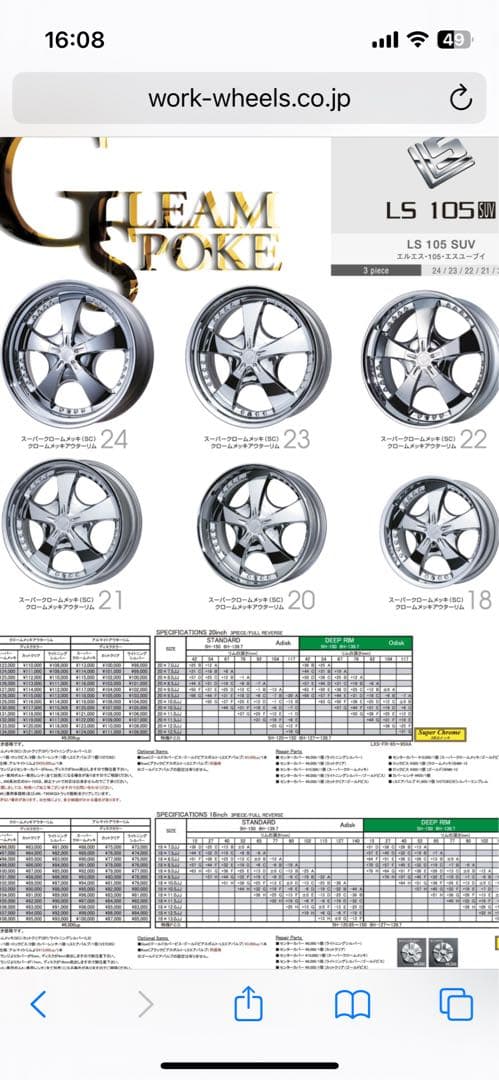 work LXS-FR LS105 20インチ 6穴　139.7