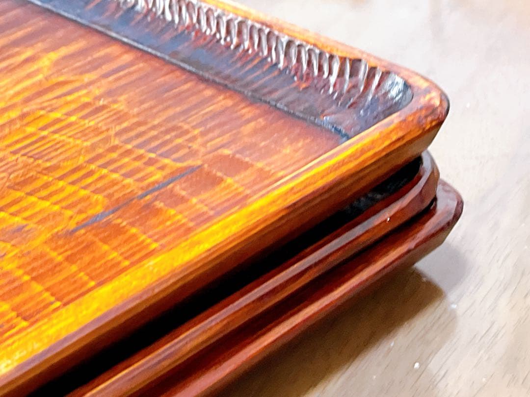 時代物 お膳 讃岐彫り 正方形 お盆 アンティーク 漆器 トレー 木彫り３枚