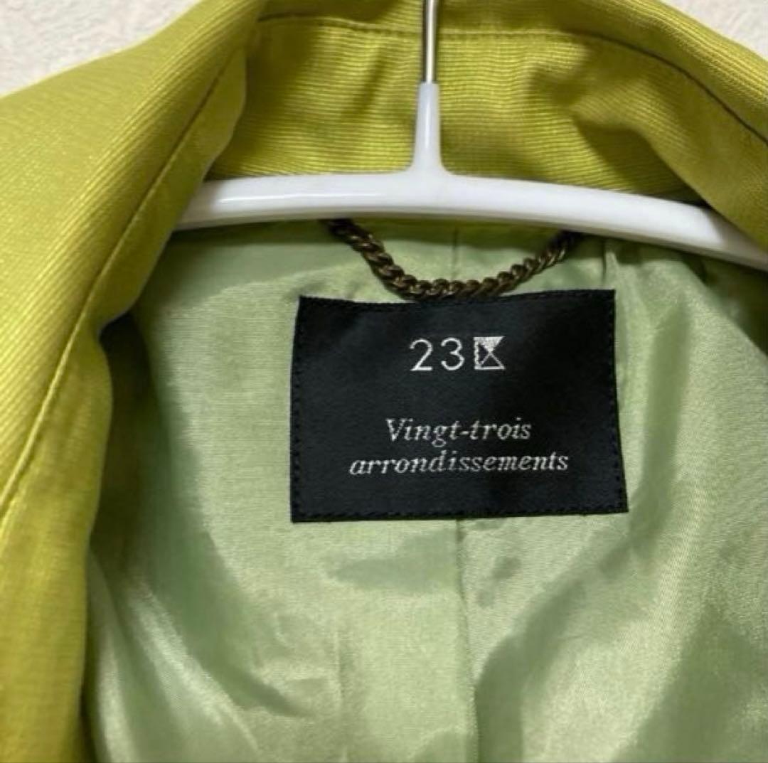 美品23区大きめレディーストレンチコート　ロングコート46号ライムグリーン黄緑