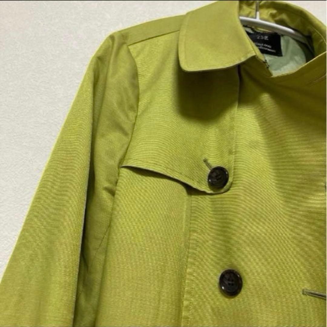 美品23区大きめレディーストレンチコート　ロングコート46号ライムグリーン黄緑