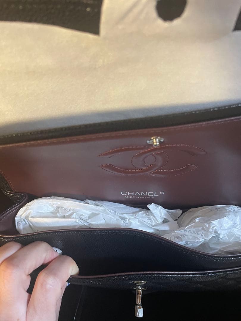 CHANEL ダブルチェーン　フラップ　キャビアスキンシルバー