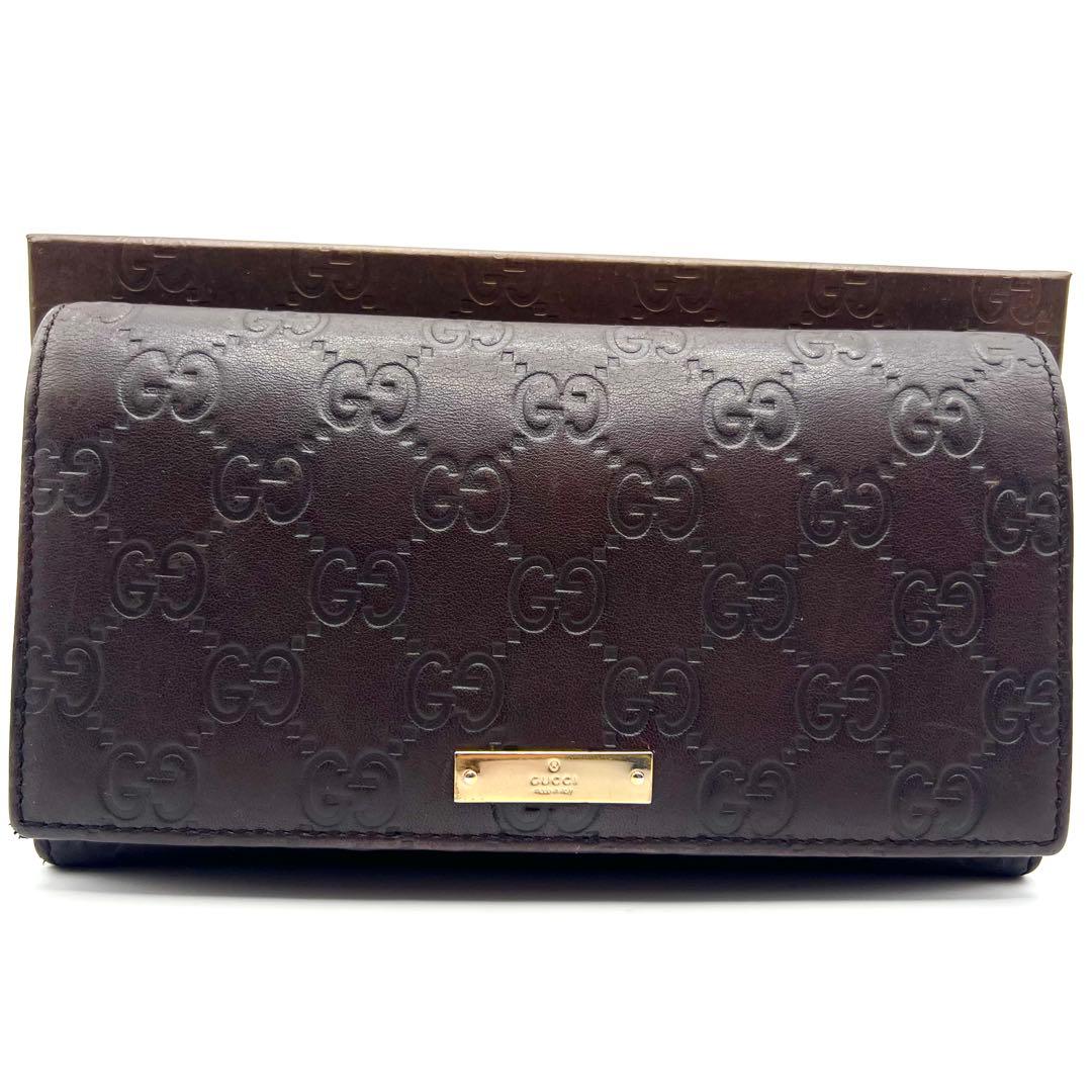 極美品✨グッチ 長財布 GG シマ レザー ダークブラウン ゴールド プレート