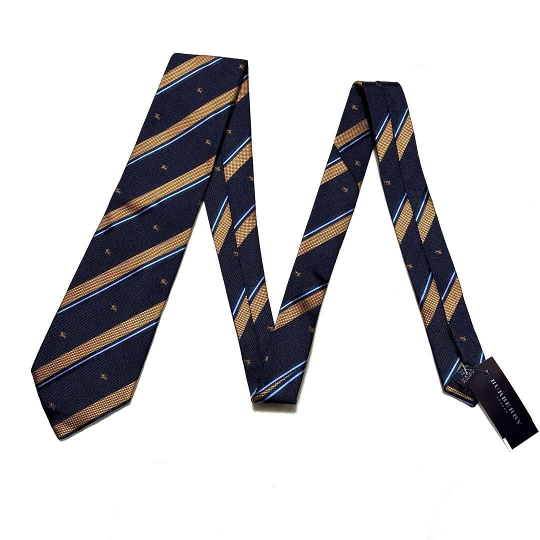 新品　バーバリー　ネクタイ　ネイビー×ライトブラウン　ストライプ　箱付き