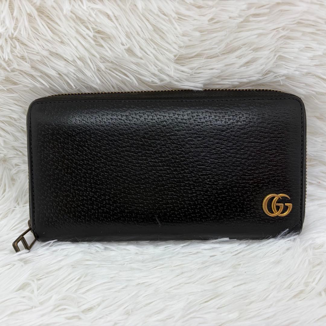 美品✨グッチ　長財布　ラウンドファスナー　GGマーモント　シボ革　ブラック