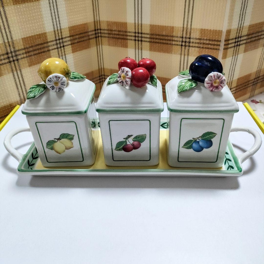 5734#0109　ビレロイ&ボッホ/陶器製フルーツキャニスター3点、トレー1点