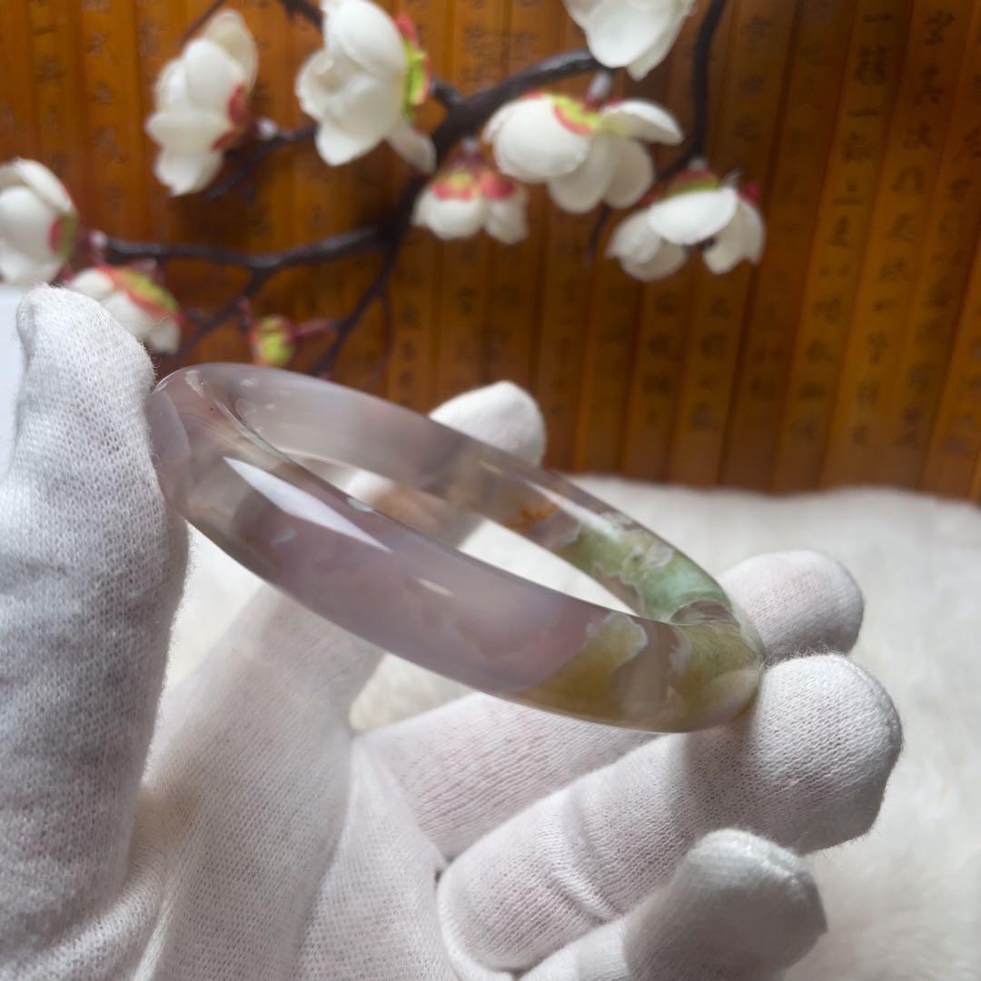 （57.8mm）天然石【美品-✨樹枝瑪瑙、桜瑪瑙】和田玉/軟玉/翡翠　バングル