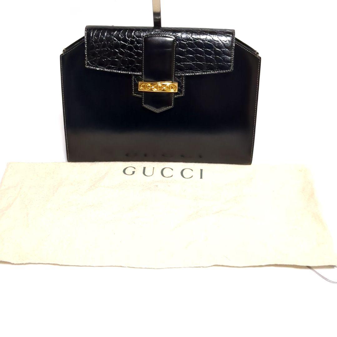 ✨極美品✨GUCCI クラッチバッグ チェーン クロコ型押し ブラック ゴールド