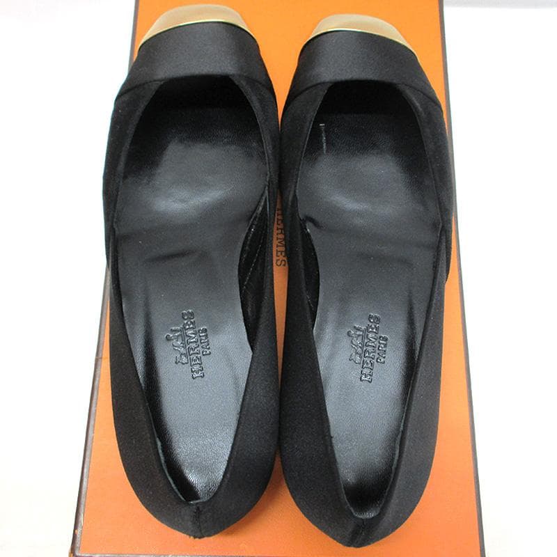 HERMES エルメス パンプス サテン レザー メタル・トゥ 黒 36