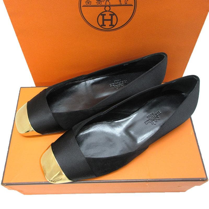 HERMES エルメス パンプス サテン レザー メタル・トゥ 黒 36
