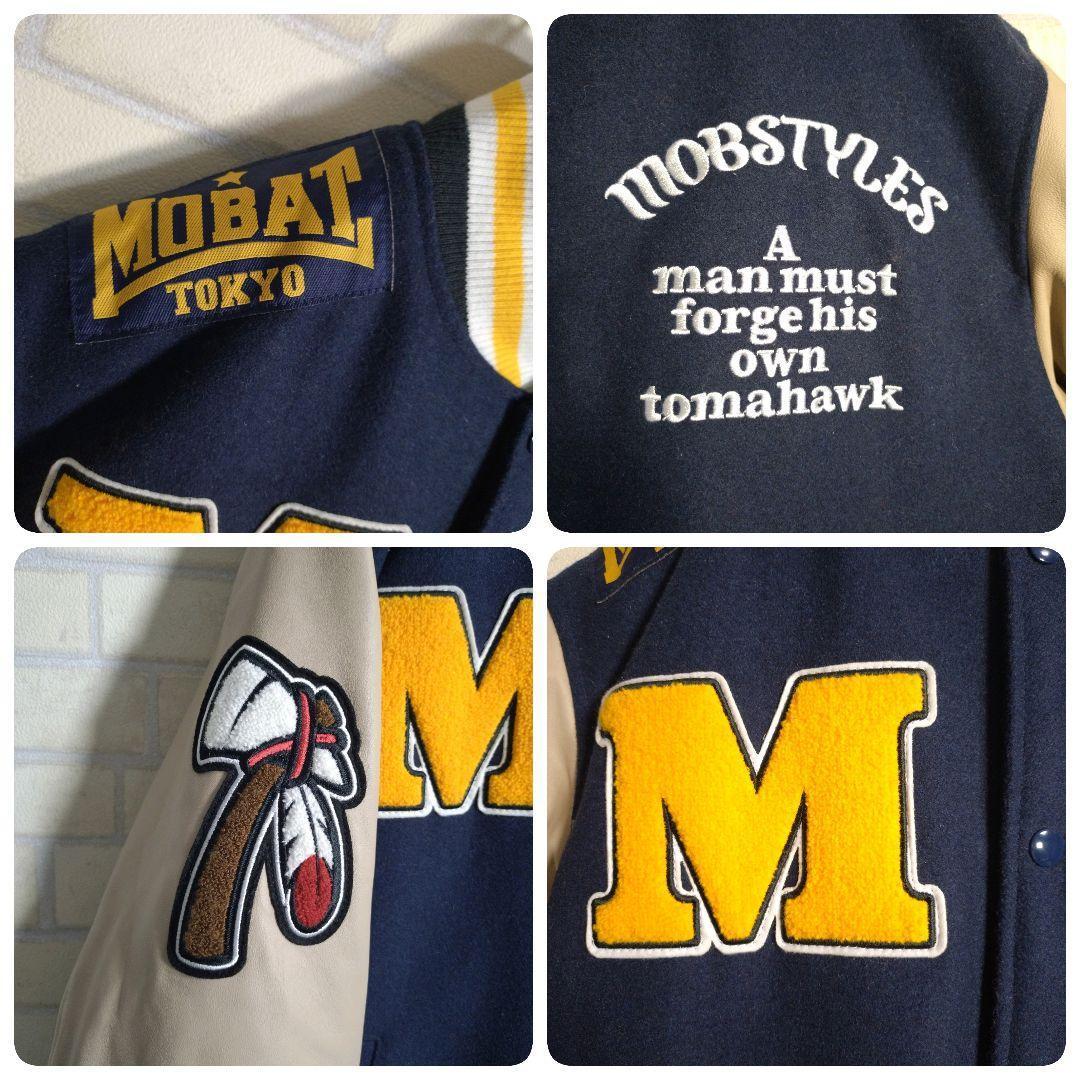モブスタイル★サガラ刺繍 羊革 アームレザー スタジャン 紺 M表記 L相当