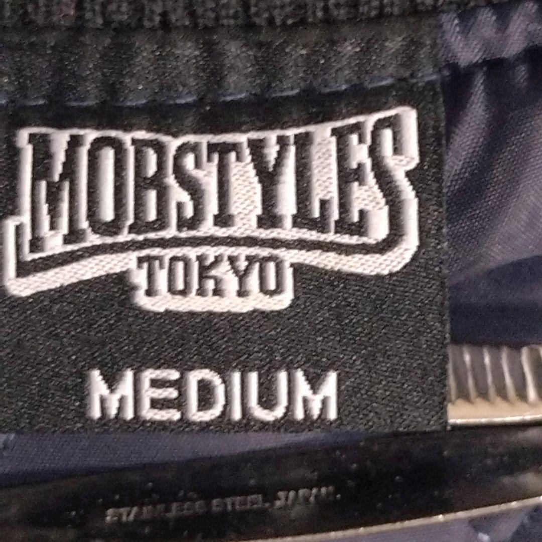 モブスタイル★サガラ刺繍 羊革 アームレザー スタジャン 紺 M表記 L相当