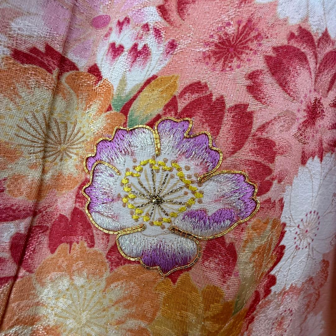超美品　正絹　現代振袖　成人式　着物　169㎝　オレンジ　黄　桜柄　金駒　刺繍