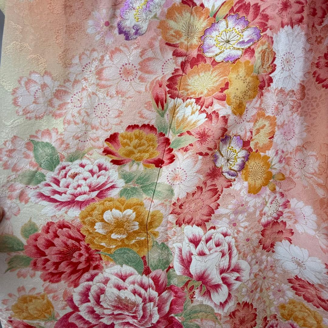 超美品　正絹　現代振袖　成人式　着物　169㎝　オレンジ　黄　桜柄　金駒　刺繍