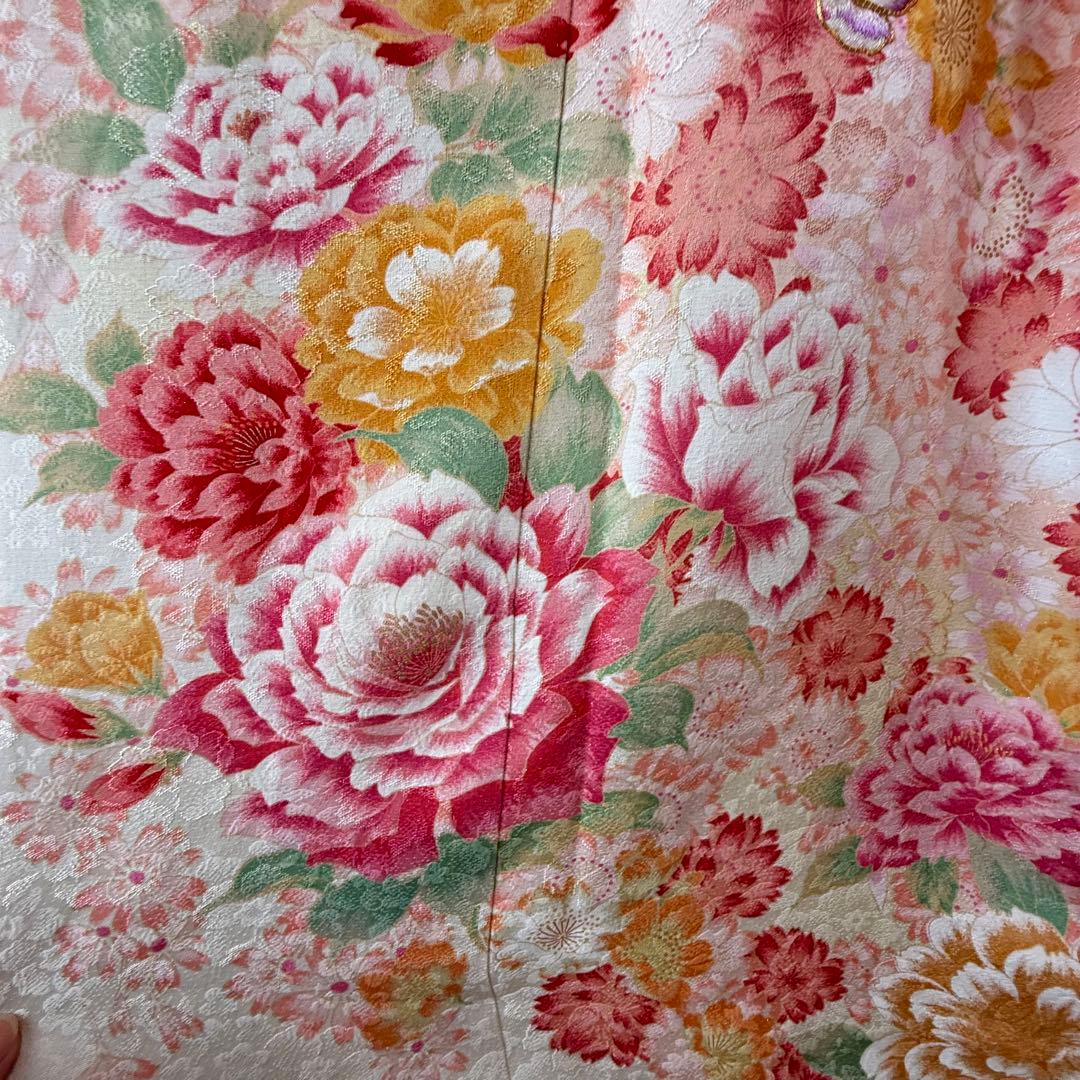 超美品　正絹　現代振袖　成人式　着物　169㎝　オレンジ　黄　桜柄　金駒　刺繍