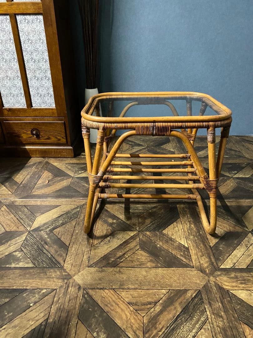 ガラステーブル 籐 ラタン 昭和レトロ インテリア 当時物