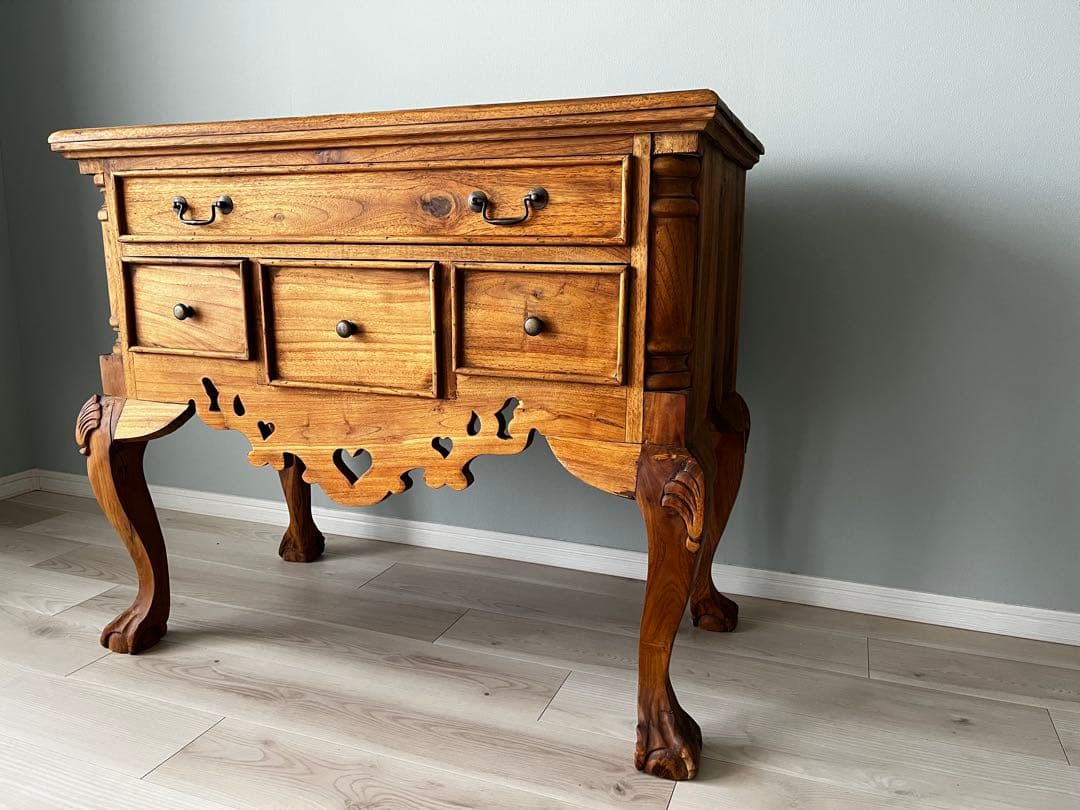 10月末まで【送料込】ヴィンテージ調 チーク無垢材コンソール チェスト 店舗什器