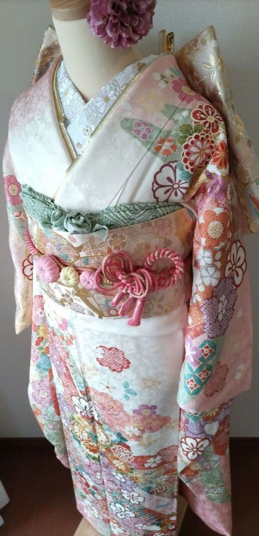 446.振袖7点セット　正絹　フルセット　成人式　京都きもの友禅 細身　美品